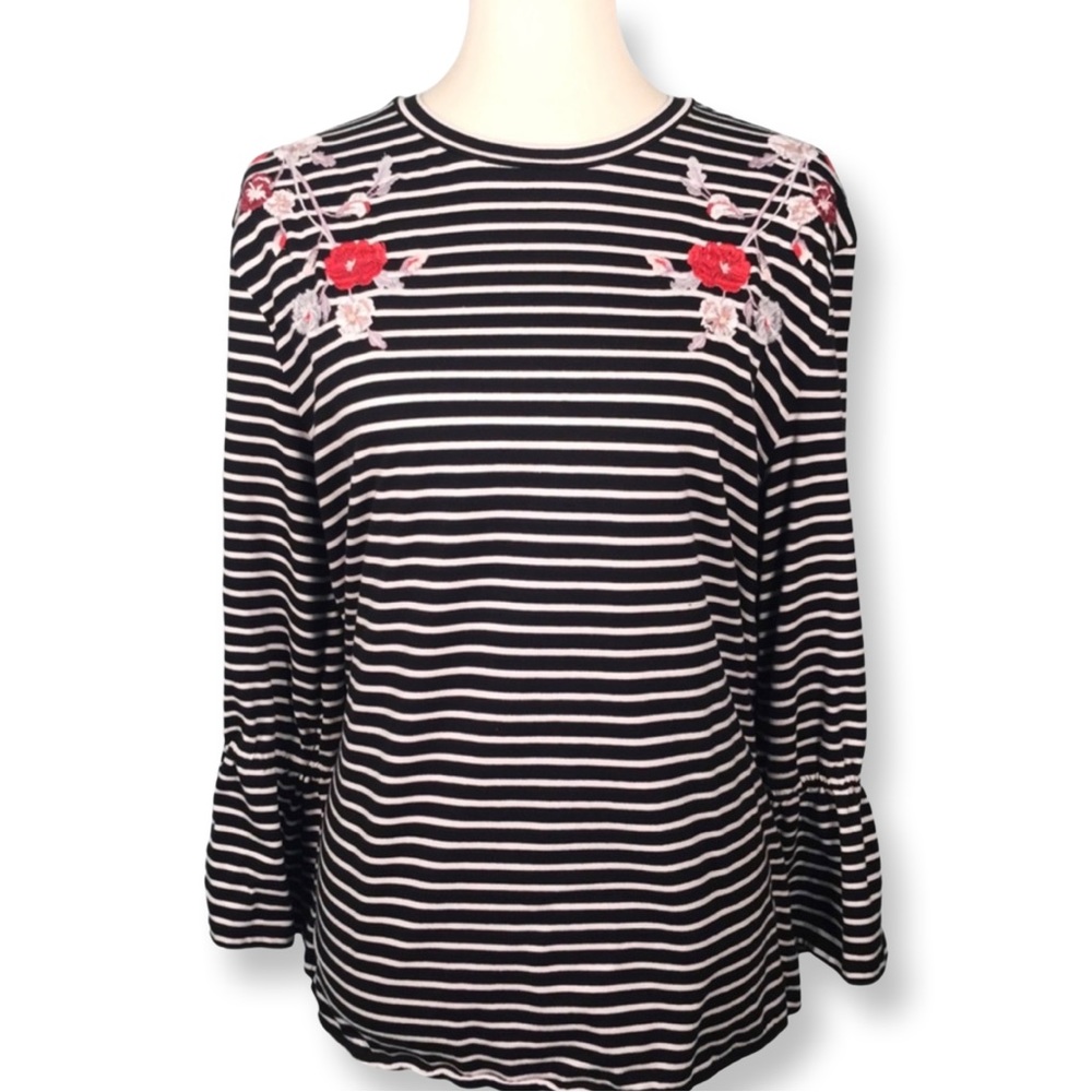 LOFT Striped Long Sleeve Top with Red Floral Embroidery - Picture 5 of 9